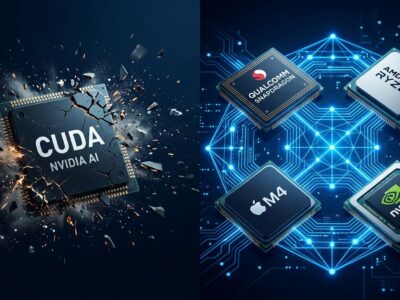 Illustration showing hardware-agnostic AI software connecting multiple processor chips as Qualcomm acquires Modular