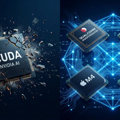 Illustration showing hardware-agnostic AI software connecting multiple processor chips as Qualcomm acquires Modular
