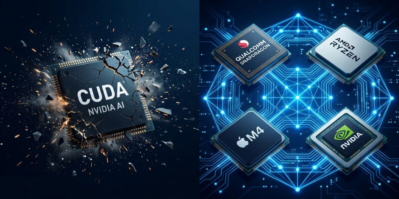 Illustration showing hardware-agnostic AI software connecting multiple processor chips as Qualcomm acquires Modular