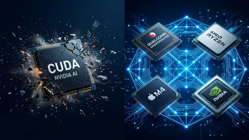Illustration showing hardware-agnostic AI software connecting multiple processor chips as Qualcomm acquires Modular