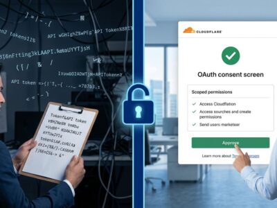 Split-screen showing API token complexity on left versus clean Cloudflare OAuth consent flow on right, blue and white design
