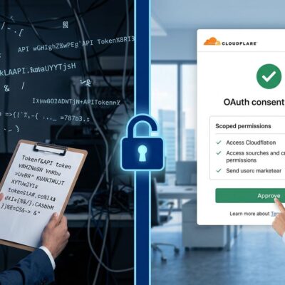 Split-screen showing API token complexity on left versus clean Cloudflare OAuth consent flow on right, blue and white design
