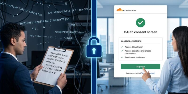 Split-screen showing API token complexity on left versus clean Cloudflare OAuth consent flow on right, blue and white design