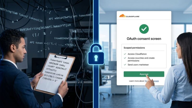 Split-screen showing API token complexity on left versus clean Cloudflare OAuth consent flow on right, blue and white design