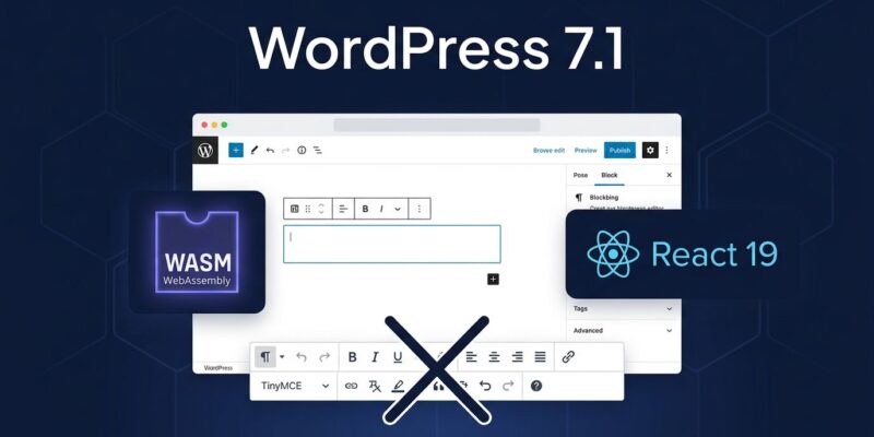 WordPress 7.1 roadmap showing WASM media processing, React 19 upgrade, and Classic block deprecation for developers