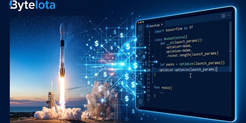 SpaceX rocket merging with AI code editor representing the 0B Cursor acquisition and its impact on developers