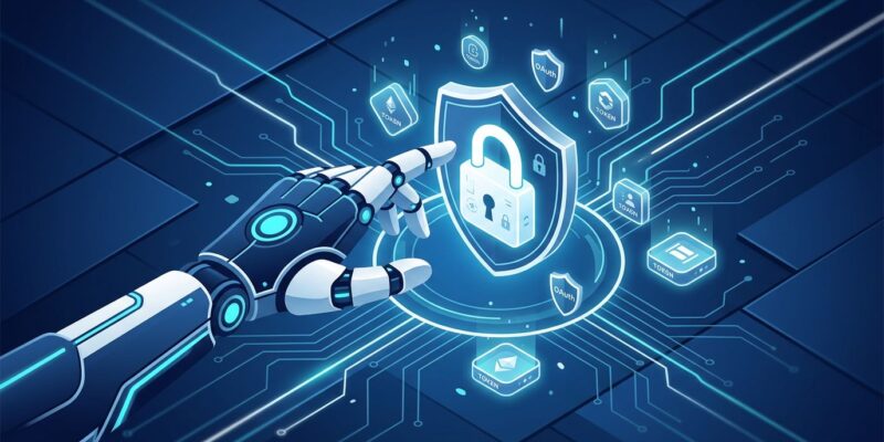 AI agent with authorization locks and OAuth shields representing production security