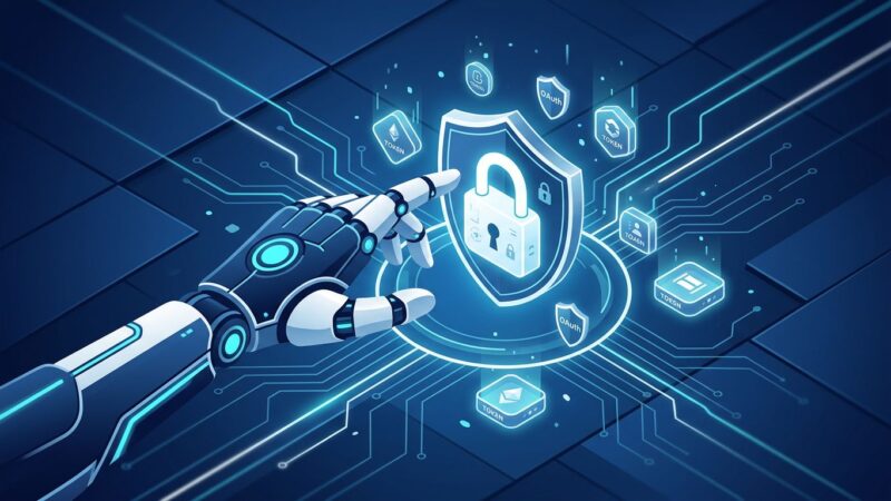 AI agent with authorization locks and OAuth shields representing production security