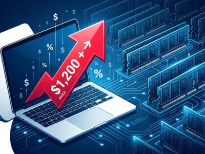 MacBook laptop with upward price arrow and server memory chips in background showing AI-driven Mac price increase 2026