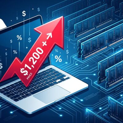 MacBook laptop with upward price arrow and server memory chips in background showing AI-driven Mac price increase 2026