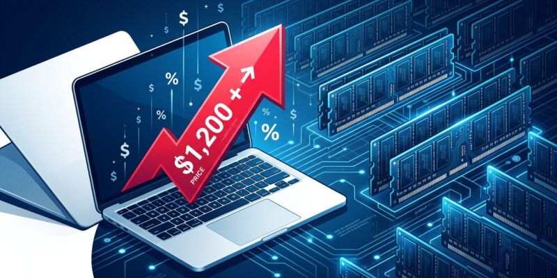 MacBook laptop with upward price arrow and server memory chips in background showing AI-driven Mac price increase 2026