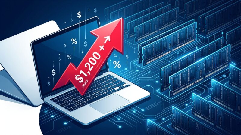 MacBook laptop with upward price arrow and server memory chips in background showing AI-driven Mac price increase 2026