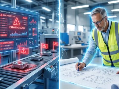 Split-screen comparison showing AI quality inspection failure on the left versus experienced veteran engineer expertise on the right