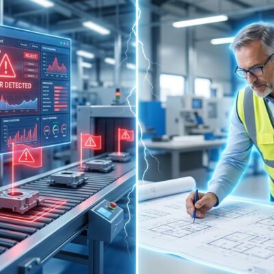 Split-screen comparison showing AI quality inspection failure on the left versus experienced veteran engineer expertise on the right