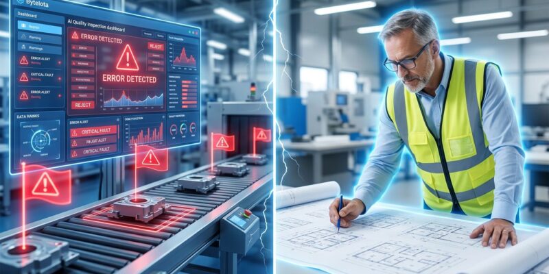 Split-screen comparison showing AI quality inspection failure on the left versus experienced veteran engineer expertise on the right