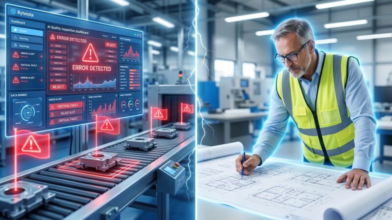Split-screen comparison showing AI quality inspection failure on the left versus experienced veteran engineer expertise on the right