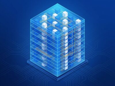 Isometric illustration of IBM NanoStack chip architecture showing vertically stacked transistor layers in blue and white