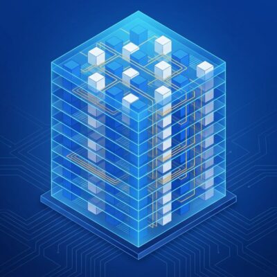 Isometric illustration of IBM NanoStack chip architecture showing vertically stacked transistor layers in blue and white