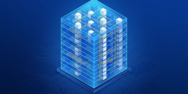 Isometric illustration of IBM NanoStack chip architecture showing vertically stacked transistor layers in blue and white