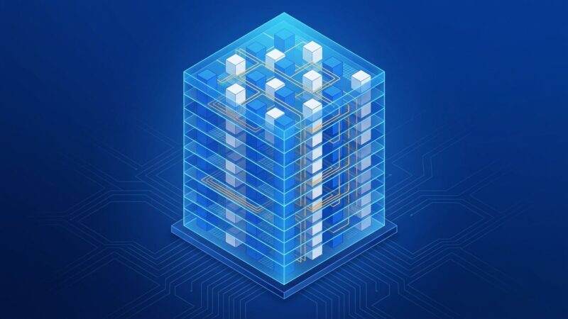 Isometric illustration of IBM NanoStack chip architecture showing vertically stacked transistor layers in blue and white
