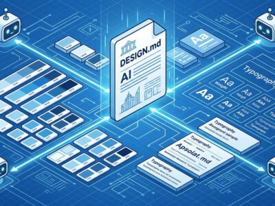 Isometric illustration of DESIGN.md format showing AI agents reading design tokens and color swatches from a central document