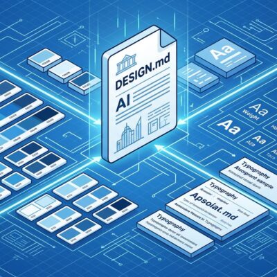 Isometric illustration of DESIGN.md format showing AI agents reading design tokens and color swatches from a central document