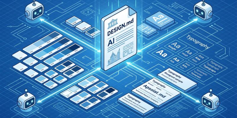 Isometric illustration of DESIGN.md format showing AI agents reading design tokens and color swatches from a central document
