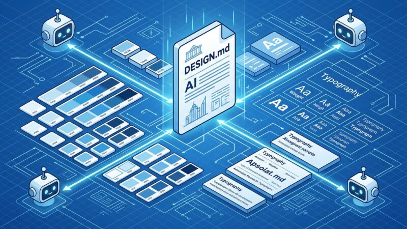 Isometric illustration of DESIGN.md format showing AI agents reading design tokens and color swatches from a central document