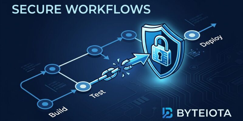 GitHub Actions workflow diagram showing actions/checkout v7 blocking pwn request attacks with a security shield