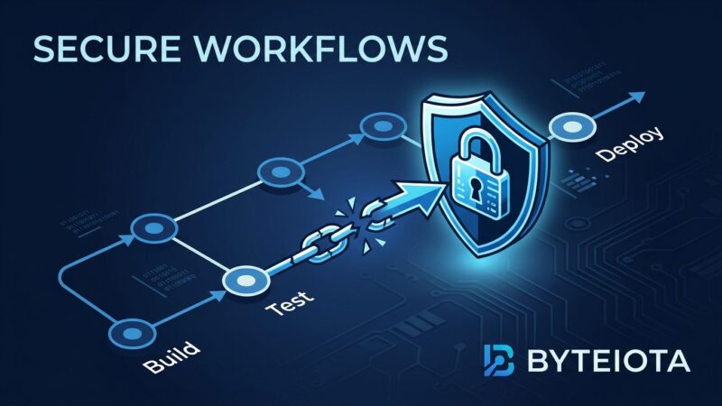GitHub Actions workflow diagram showing actions/checkout v7 blocking pwn request attacks with a security shield