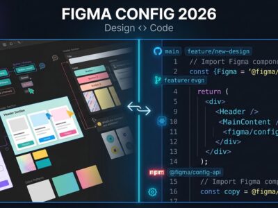Split-screen illustration of Figma design canvas on the left and code editor on the right, representing the design-to-code workflow after Figma Config 2026