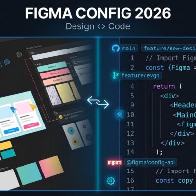 Split-screen illustration of Figma design canvas on the left and code editor on the right, representing the design-to-code workflow after Figma Config 2026