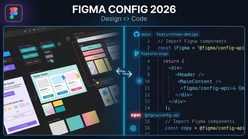 Split-screen illustration of Figma design canvas on the left and code editor on the right, representing the design-to-code workflow after Figma Config 2026