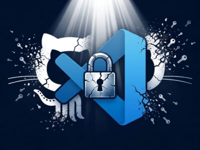VSCode logo with cracked padlock representing the GitHub token stealing vulnerability