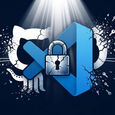 VSCode logo with cracked padlock representing the GitHub token stealing vulnerability