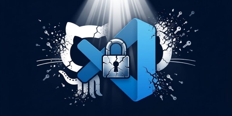 VSCode logo with cracked padlock representing the GitHub token stealing vulnerability
