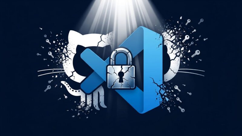 VSCode logo with cracked padlock representing the GitHub token stealing vulnerability