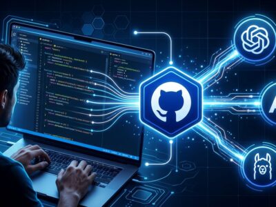 GitHub Copilot BYOK feature showing multiple AI model providers connecting to Copilot