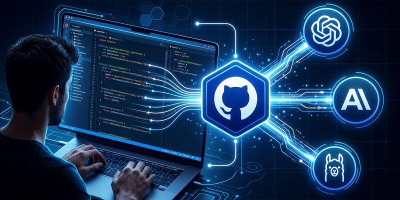 GitHub Copilot BYOK feature showing multiple AI model providers connecting to Copilot