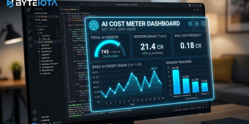 VS Code 1.126 editor showing Copilot session cost tracking dashboard with AI credit usage statistics