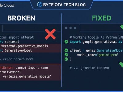Split-screen comparison showing broken vertexai.generative_models import on the left and working google-genai Client code on the right
