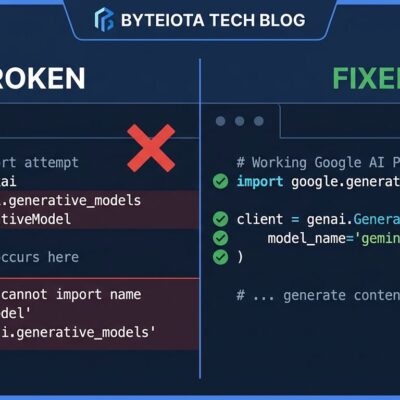 Split-screen comparison showing broken vertexai.generative_models import on the left and working google-genai Client code on the right