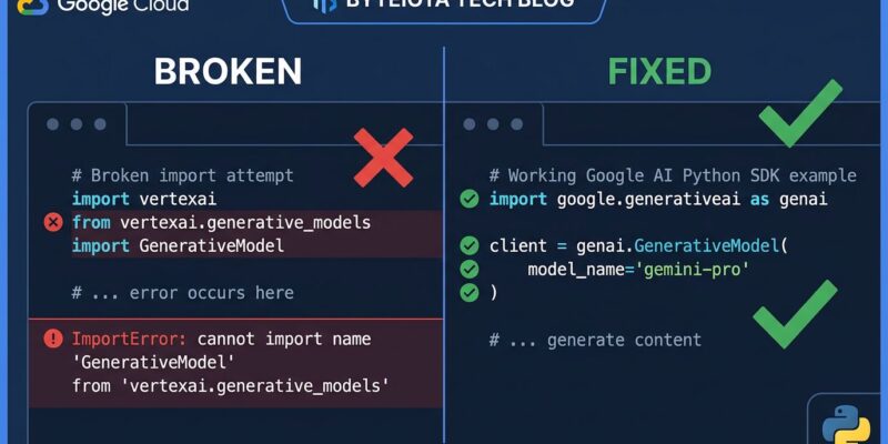 Split-screen comparison showing broken vertexai.generative_models import on the left and working google-genai Client code on the right