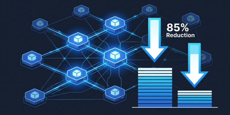 Linkerd 2.20 Kubernetes service mesh network diagram showing 85% control plane memory reduction with interconnected microservice nodes