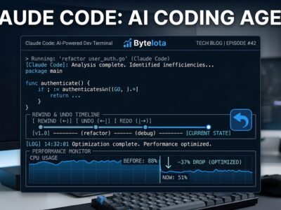 Claude Code terminal showing /rewind command with timeline controls and CPU performance graph, blue and white ByteIota branding