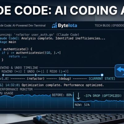 Claude Code terminal showing /rewind command with timeline controls and CPU performance graph, blue and white ByteIota branding