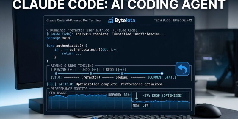 Claude Code terminal showing /rewind command with timeline controls and CPU performance graph, blue and white ByteIota branding