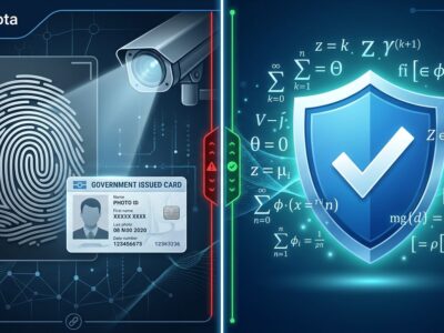 Split-screen illustration showing surveillance biometric scanning on the left versus privacy-preserving ZKP verification shield on the right, representing age verification developer compliance choices