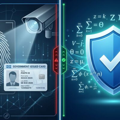 Split-screen illustration showing surveillance biometric scanning on the left versus privacy-preserving ZKP verification shield on the right, representing age verification developer compliance choices