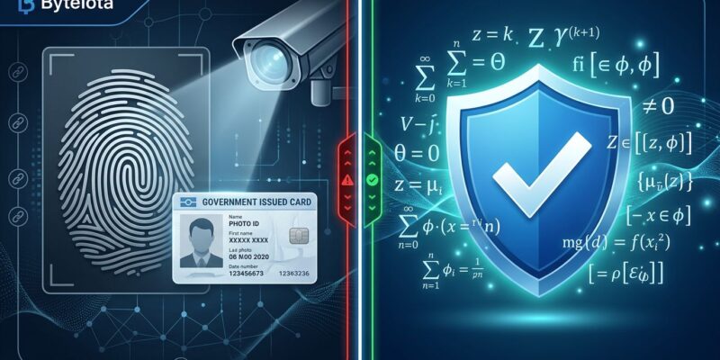 Split-screen illustration showing surveillance biometric scanning on the left versus privacy-preserving ZKP verification shield on the right, representing age verification developer compliance choices